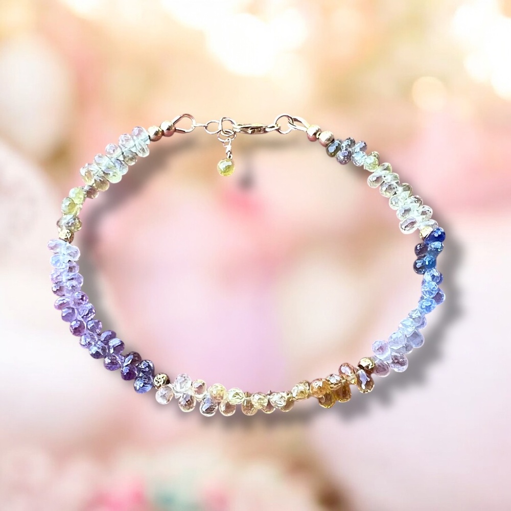 New Ombre Rainbow Natural Sapphire Bracelet Solid 14k Gold , 7.28" - 7.76"